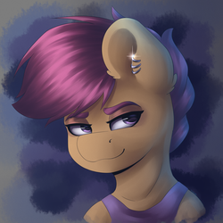 Size: 3000x3000 | Tagged: safe, artist:spirit-dude, scootaloo, pony, g4, clothes, ear piercing, female, high res, mare, older, older scootaloo, piercing, smiling, solo