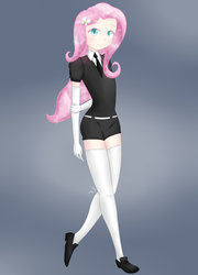 Size: 1600x2222 | Tagged: safe, artist:zoxriver503, fluttershy, human, g4, clothes, colored pupils, evening gloves, female, gloves, gradient background, gray background, houseki no kuni, humanized, land of the lustrous, long gloves, looking at you, necktie, shoes, simple background, smiling, solo, stockings, thigh highs