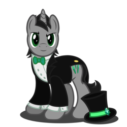 Size: 1417x1417 | Tagged: safe, alternate version, artist:stellardusk, king sombra, pony, unicorn, g4, alternate cutie mark, alternate hairstyle, alternate universe, bowtie, clothes, cute, hat, looking at you, male, redesign, redesing of a redesing, simple background, solo, sombradorable, transparent background, tuxedo