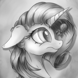 Size: 1500x1500 | Tagged: safe, artist:check3256, rarity, twilight sparkle, monster pony, original species, pony, spider, spiderpony, unicorn, g4, black and white, bust, duo, female, floppy ears, grayscale, looking at each other, mare, monochrome, portrait, size difference, species swap, twispider