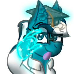Size: 512x512 | Tagged: safe, artist:hilfigirl, oc, oc only, oc:aescula, pony, unicorn, clothes, color change, doctor, glasses, hand, hat, lab coat, looking at you, magic, magic hands, nerd, ponytail, simple background, solo, tongue out, transparent background