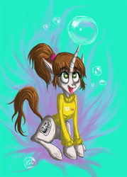 Size: 750x1048 | Tagged: safe, artist:psykong, oc, oc only, oc:kristina, pony, unicorn, bubble, clothes, female, mare, meme, open mouth, ponytail, solo, sweater, trollface