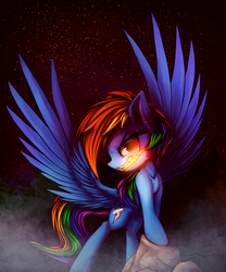 Size: 3680x4431 | Tagged: safe, artist:ferasor, rainbow dash, pegasus, pony, g4, absurd resolution, bullet, female, glowing eyes, looking at you, mare, mouth hold, multicolored hair, rogue, signature, solo