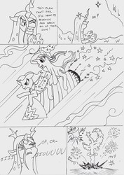 Size: 1654x2338 | Tagged: safe, artist:kuroneko, derpibooru exclusive, queen chrysalis, starlight glimmer, trixie, changeling, pony, unicorn, g4, cape, clothes, cloud, comic, explosion, female, hat, ink drawing, lineart, mare, monochrome, mushroom cloud, oh crap, rocket, toy interpretation, traditional art, trixie's cape, trixie's hat, trixie's rocket, twinkle in the sky