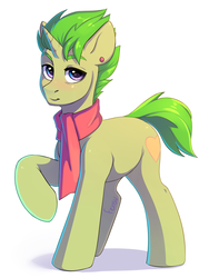 Size: 2369x3000 | Tagged: safe, artist:fensu-san, oc, oc only, oc:golden heart, pony, unicorn, clothes, ear piercing, high res, male, piercing, raised hoof, scarf, simple background, solo, stallion, white background