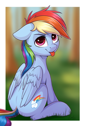Size: 1211x1766 | Tagged: safe, artist:deltauraart, rainbow dash, pegasus, pony, :p, cute, dashabetes, feathered wings, female, floppy ears, folded wings, grass, head turn, looking at you, looking back, looking up, mare, mlem, silly, sitting, smiling, solo, tongue out, wings