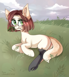 Size: 1024x1152 | Tagged: safe, artist:ten-dril, oc, oc only, earth pony, pony, female, glasses, mare, mouth hold, plant, prone, solo