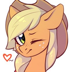 Size: 500x500 | Tagged: safe, artist:fensu-san, applejack, earth pony, pony, bust, cowboy hat, female, hat, heart, looking at you, mare, one eye closed, portrait, simple background, smiling, solo, white background, wink