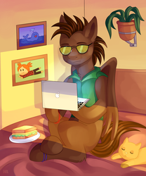 Size: 2500x3000 | Tagged: safe, artist:kreecker, oc, oc only, cat, pegasus, pony, computer, food, glasses, high res, laptop computer, sandwich, solo, sunglasses, ych result