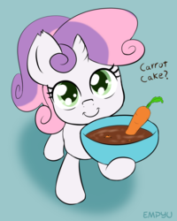 Size: 800x1000 | Tagged: safe, artist:empyu, sweetie belle, pony, unicorn, g4, bowl, carrot, cute, dialogue, diasweetes, female, filly, food, hnnng, hoof hold, looking at you, looking up, looking up at you, smiling, solo, speech, sweetie belle can't cook, sweetie fail