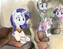 Size: 1980x1530 | Tagged: safe, artist:silfoe, cookie crumbles, hondo flanks, rarity, sweetie belle, pony, unicorn, nomad au, g4, alternate universe, cooking, ear piercing, earring, female, filly, glowing horn, horn, horn ring, jewelry, magic, male, mare, nomad, piercing, royal multiverse, sewing, stallion, telekinesis