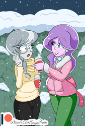 Size: 1293x1916 | Tagged: safe, artist:jake heritagu, diamond tiara, silver spoon, equestria girls, g4, clothes, coat, colored pupils, ear piercing, female, glasses, jewelry, necklace, open mouth, pants, patreon, patreon logo, pearl necklace, piercing, pinup, smiling, snow, snowfall, sweater, winter outfit