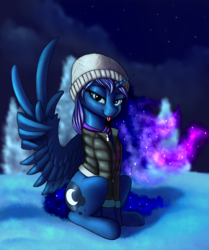 Size: 1700x2037 | Tagged: safe, artist:lightly-san, princess luna, alicorn, pony, g4, clothes, ethereal mane, female, galaxy mane, looking at you, sitting, sketch, snow, solo, tongue out, wing gesture, wing hands, winter