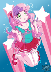Size: 2806x3980 | Tagged: safe, artist:danmakuman, sweetie belle, human, equestria girls, g4, clothes, cute, diasweetes, female, hairband, high res, long socks, looking at you, mary janes, microskirt, miniskirt, paraskirt, shirt, shoes, skirt, socks, solo, stockings, thigh highs, thigh socks