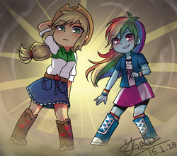 Size: 429x378 | Tagged: safe, artist:kaleloiyisol, applejack, rainbow dash, equestria girls, g4, arm behind head, belt, boots, clothes, compression shorts, cowboy hat, denim skirt, duo, female, hat, implied appledash, implied lesbian, implied shipping, looking at you, shoes, signature, skirt, stetson