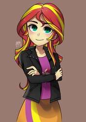 Size: 1967x2779 | Tagged: safe, artist:kaleloiyisol, sunset shimmer, equestria girls, g4, clothes, crossed arms, cute, female, human coloration, jacket, leather jacket, looking at you, signature, skirt, solo