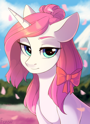 Size: 2175x3000 | Tagged: safe, artist:fensu-san, oc, oc only, pony, unicorn, bow, bust, cherry blossoms, female, flower, flower blossom, hair bow, high res, lidded eyes, mare, mountain, petals, portrait, solo, unamused