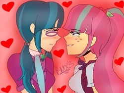 Size: 1024x768 | Tagged: safe, artist:brickercupmasterx3, juniper montage, sour sweet, equestria girls, g4, clothes, crack shipping, female, freckles, glasses, heart, lesbian, looking at each other, ship:junipersweet, shipping, smiling
