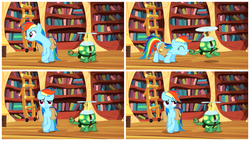 Size: 1366x768 | Tagged: safe, screencap, rainbow dash, tank, tortoise, g4, just for sidekicks, collage, golden oaks library, ladder, loss edit, nuzzling