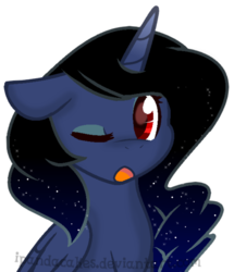 Size: 507x590 | Tagged: safe, artist:ipandacakes, oc, oc only, oc:nightfly, alicorn, pony, alicorn oc, ethereal mane, female, mare, offspring, one eye closed, parent:king sombra, parent:princess luna, parents:lumbra, red eyes, simple background, solo, starry mane, transparent background, wink
