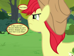 Size: 640x480 | Tagged: safe, edit, edited screencap, editor:korora, screencap, bright mac, earth pony, pony, g4, the perfect pear, angry, cowboy hat, cropped, hat, implied pear butter, implied prowler, male, speech bubble, stallion, text, tree