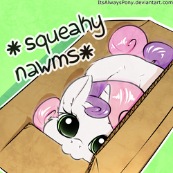 Size: 2000x2000 | Tagged: safe, artist:itsalwayspony, sweetie belle, pony, unicorn, g4, :3, behaving like a cat, biting, box, cardboard box, cheek fluff, colored pupils, cute, daaaaaaaaaaaw, descriptive noise, diasweetes, dilated pupils, ear fluff, female, filly, green background, happy, high res, hnnng, horn, itsalwayspony is trying to murder us, kitty belle, leg fluff, looking at you, looking up, looking up at you, mouth hold, nom, ponified animal photo, pony in a box, prone, puffy cheeks, simple background, solo, squeak, squeaky belle, text, weapons-grade cute, wide eyes
