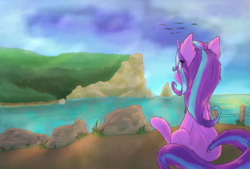 Size: 2039x1378 | Tagged: safe, artist:ruby dusk, starlight glimmer, pony, unicorn, g4, coast, eye clipping through hair, female, looking away, sitting, solo