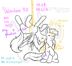 Size: 1642x1500 | Tagged: safe, artist:rudazmora, earth pony, pegasus, pony, unicorn, auction, commission, couple, holiday, kissing, upside down, valentine, valentine's day, your character here