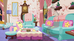 Size: 1280x720 | Tagged: safe, screencap, discord, fluttershy, draconequus, pegasus, pony, discordant harmony, g4, clock, clothes, confused, couch, cup, discord's house, eyebrows, fading, female, food, glasses, male, mare, milk toast, mirror, raised eyebrow, sandwich, scone, sweater, teacup, transparent