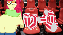 Size: 1024x575 | Tagged: safe, artist:jamesawilliams1996, apple bloom, equestria girls, g4, apple blob, belly, belly button, big belly, cinema, eating, fat, food, huge belly, morbidly obese, obese, popcorn, popcorn box