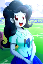 Size: 1120x1660 | Tagged: safe, artist:the-butch-x, oc, oc only, oc:tiana, equestria girls, g4, clothes, commission, crepuscular rays, cute, equestria girls-ified, female, open mouth, skirt, soccer field, solo