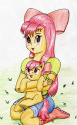 Size: 1945x3148 | Tagged: safe, artist:40kponyguy, derpibooru exclusive, apple bloom, earth pony, human, pony, equestria girls, g4, bow, female, filly, holding a pony, human ponidox, looking at you, looking up, self ponidox, traditional art, underhoof