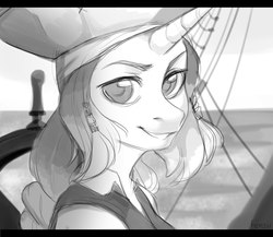 Size: 2486x2160 | Tagged: safe, artist:fensu-san, unicorn, anthro, bust, high res, jack sparrow, looking at you, monochrome, ocean, pirate, pirates of the caribbean, ponified, portrait, ship, sketch, smiling, solo