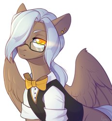 Size: 1994x2160 | Tagged: safe, artist:fensu-san, oc, oc only, pegasus, pony, bowtie, clothes, ear piercing, floppy ears, glasses, hair over one eye, looking at you, piercing, ponytail, simple background, solo, spread wings, waistcoat, white background, wings, yellow eyes