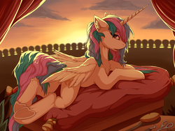 Size: 1500x1125 | Tagged: safe, artist:blackkaries, princess celestia, alicorn, pony, g4, brush, butt, covering, cushion, draw me like one of your french girls, female, frog (hoof), grooming, hoof pick, mare, open mouth, plot, prone, scissors, solo, underhoof, wing covering