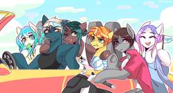 Size: 1700x914 | Tagged: dead source, safe, artist:seamaggie, oc, oc only, pony, bipedal, car, clothes, eyes closed, glasses, group, motorcycle, open mouth, sitting, steering wheel, underhoof