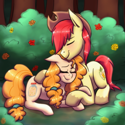 Size: 1000x1000 | Tagged: safe, artist:ghostlymarie, bright mac, pear butter, earth pony, pony, g4, eyes closed, female, male, ship:brightbutter, shipping, smiling, straight