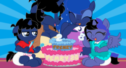 Size: 11000x6000 | Tagged: safe, artist:evilfrenzy, princess luna, oc, oc:cruithne, oc:femzy, oc:frenzy, alicorn, unicorn, anthro, unguligrade anthro, g4, absurd resolution, age regression, alicorn oc, baby, baby pony, birthday, birthday cake, cake, clothes, diaper, equestria girls outfit, foal, food, fruna, laughing, offspring, parent:oc:frenzy, parent:princess luna, parents:canon x oc, parents:fruna