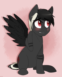 Size: 875x1100 | Tagged: safe, artist:higglytownhero, oc, oc only, oc:crimson, pony, blushing, embarrassed, lip bite, male, simple background, sitting, solo, spread wings, stallion, wings