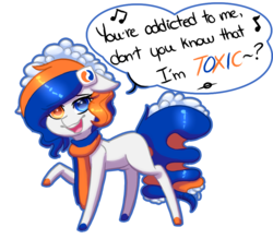 Size: 925x812 | Tagged: safe, artist:ghostlymarie, oc, oc only, oc:tide pod, food pony, pony, blank flank, britney spears, dialogue, english, heterochromia, looking at you, open mouth, pod, raised hoof, raised leg, simple background, singing, smiling, solo, song reference, standing, tide pods, tide pony, toxic (song), transparent background