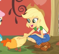 Size: 558x505 | Tagged: safe, screencap, applejack, chicken, equestria girls, fluttershy's butterflies, fluttershy's butterflies: applejack, g4, my little pony equestria girls: better together, applejack's hat, cowboy hat, cropped, cute, geode of super strength, hat, jackabetes, magical geodes, petting
