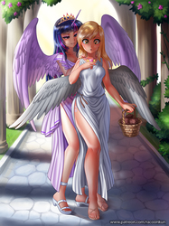 Size: 900x1201 | Tagged: safe, artist:racoonsan, derpy hooves, twilight sparkle, alicorn, human, pegasus, g4, :o, anklet, basket, bedroom eyes, breasts, clothes, column, cute, cutie mark on human, derpabetes, derpy's sacrifice, dress, duo, equestrian pink heart of courage, eyeshadow, feet, female, food, grin, horn, horned humanization, humanized, jewelry, legs, lesbian, lidded eyes, makeup, muffin, necklace, new crown, open mouth, sandals, ship:twerpy, shipping, side slit, smiling, spread wings, toga, twiabetes, twilight sparkle (alicorn), wide eyes, winged humanization, wings