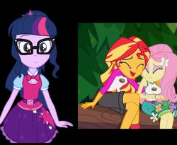 Size: 600x493 | Tagged: safe, edit, edited screencap, screencap, fluttershy, sci-twi, sunset shimmer, twilight sparkle, equestria girls, g4, my little pony equestria girls: legend of everfree, breast edit, breasts, camp everfree, female, humanestive