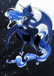Size: 848x1200 | Tagged: safe, artist:ursa, princess luna, alicorn, anthro, unguligrade anthro, backlighting, beautiful, breasts, cape, cloak, clothes, cloud, ethereal mane, eyes closed, featured image, female, flying, full moon, galaxy mane, hood, hoof shoes, mare, moon, night, sky, solo, spread wings, starry mane, stars, stormcloud, wings