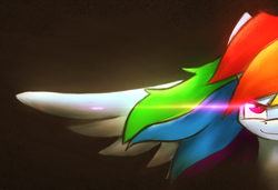 Size: 3000x2052 | Tagged: safe, artist:taps, rainbow dash, pony, g4, album cover, badass, female, flowing mane, high res, looking at you, smiling, solo, sombra eyes