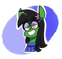 Size: 1624x1525 | Tagged: safe, artist:sourspot, oc, oc only, oc:prickly pears, pony, abstract background, bust, clothes, commission, flower, flower in hair, glasses, grin, hoodie, portrait, smiling, solo