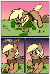 Size: 1018x1505 | Tagged: safe, artist:cutelewds, oc, oc only, earth pony, pony, comic:lewdborne, blushing, comic, eyes closed, female, level up, mare, sitting, slime, text