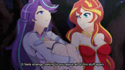 Size: 1280x720 | Tagged: safe, artist:jonfawkes, starlight glimmer, sunset shimmer, human, series:nightmare war, g4, anime, breasts, busty starlight glimmer, busty sunset shimmer, cleavage, duo, fake screencap, humanized, subtitles