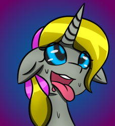 Size: 1887x2065 | Tagged: safe, artist:askhypnoswirl, oc, oc only, pony, unicorn, abstract background, ahegao, bust, eyes rolling back, headphones, horn, open mouth, sweat, swirly eyes, tongue out, unicorn oc