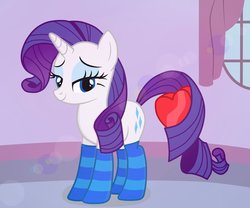 Size: 979x816 | Tagged: safe, artist:tabrony23, rarity, pony, g4, clothes, heart, holiday, lidded eyes, prehensile tail, show accurate, socks, solo, striped socks, tail hold, valentine's day